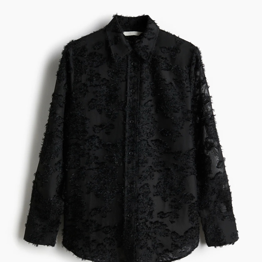 H&M Elegant Black Textured‎ Blouse floral dressy Holiday Sheer top Grunge